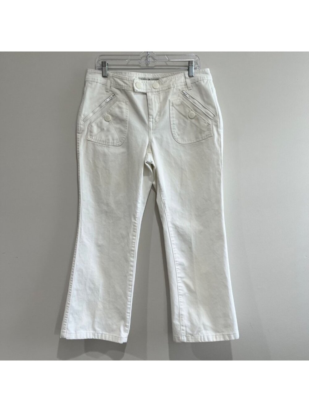 Tommy Hilfiger Flare Leg Cropped Pants Womens 12 White Canvas Pockets Y2J - Picture 1 of 10